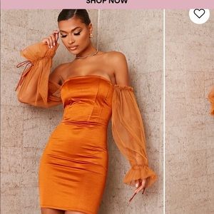 Satin Mesh sleeve Bardot bodycon dress. Brown/ copper. Size 10.